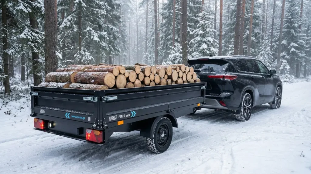 Czarny SUV holuje Przyczepę PB75-2614/1 załadowaną ściętymi kłodami przez zaśnieżony las, otoczony ośnieżonymi drzewami.