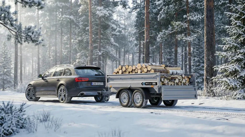 Un coche familiar oscuro remolca un remolque PB75-2614/1 cargado de leña cortada a través de un bosque de pinos nevado. La escena invernal presenta nieve cubriendo el suelo y los árboles.