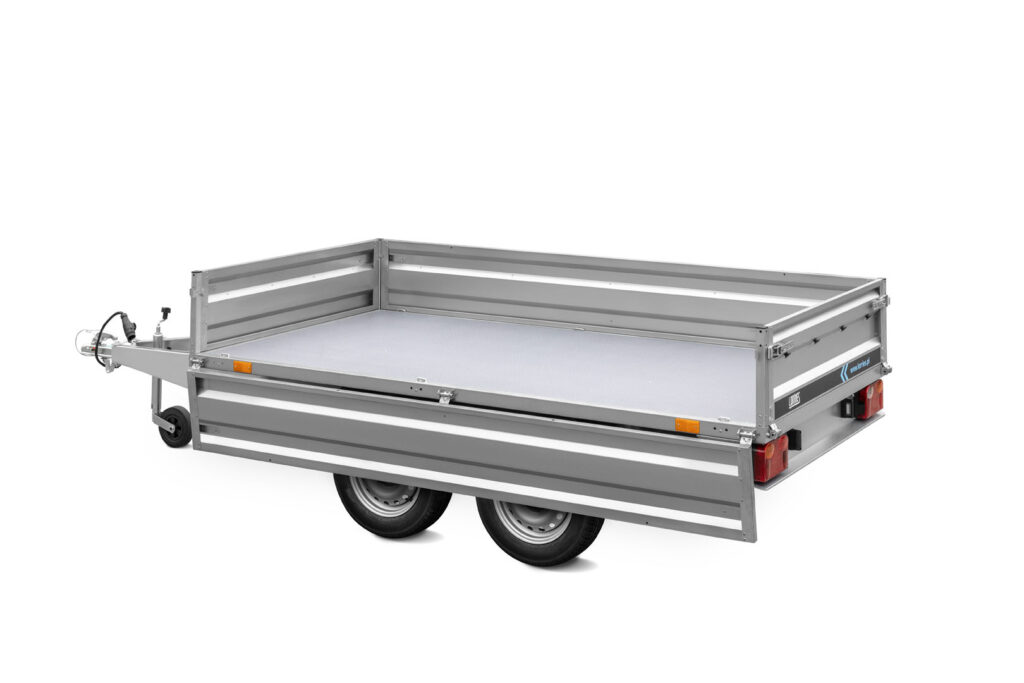 Remolque para equipaje con plataforma abatible de dos ejes, peso pesado 750 kg, con laterales desmontables