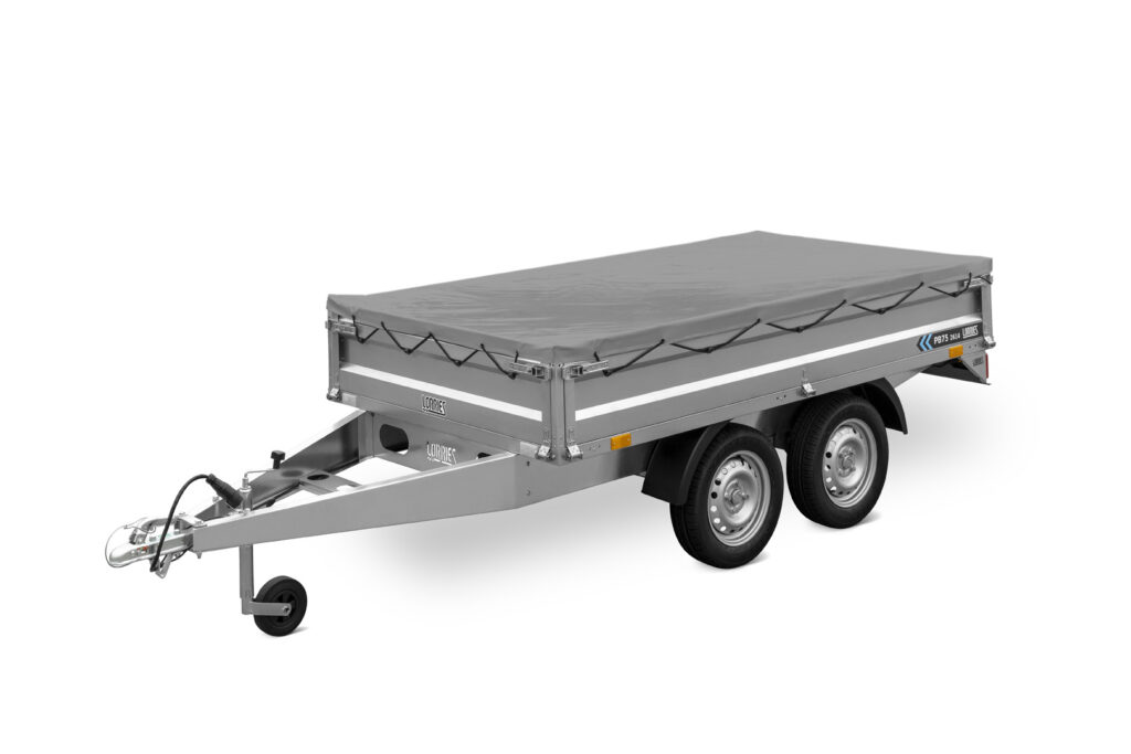Remolque de equipaje con plataforma abatible de dos ejes MMA 750 kg con laterales desmontables, lona baja