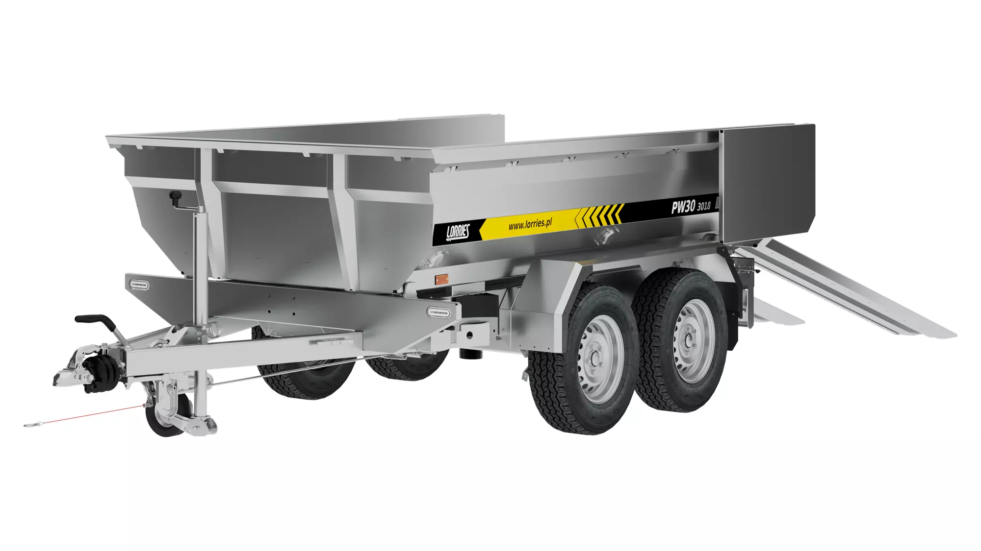 Silver dual-axle utility trailer with tilting cargo bed, black and yellow markings, and rear-deploying loading ramps. The trailer is designed for transporting materials and is depicted on a white background.