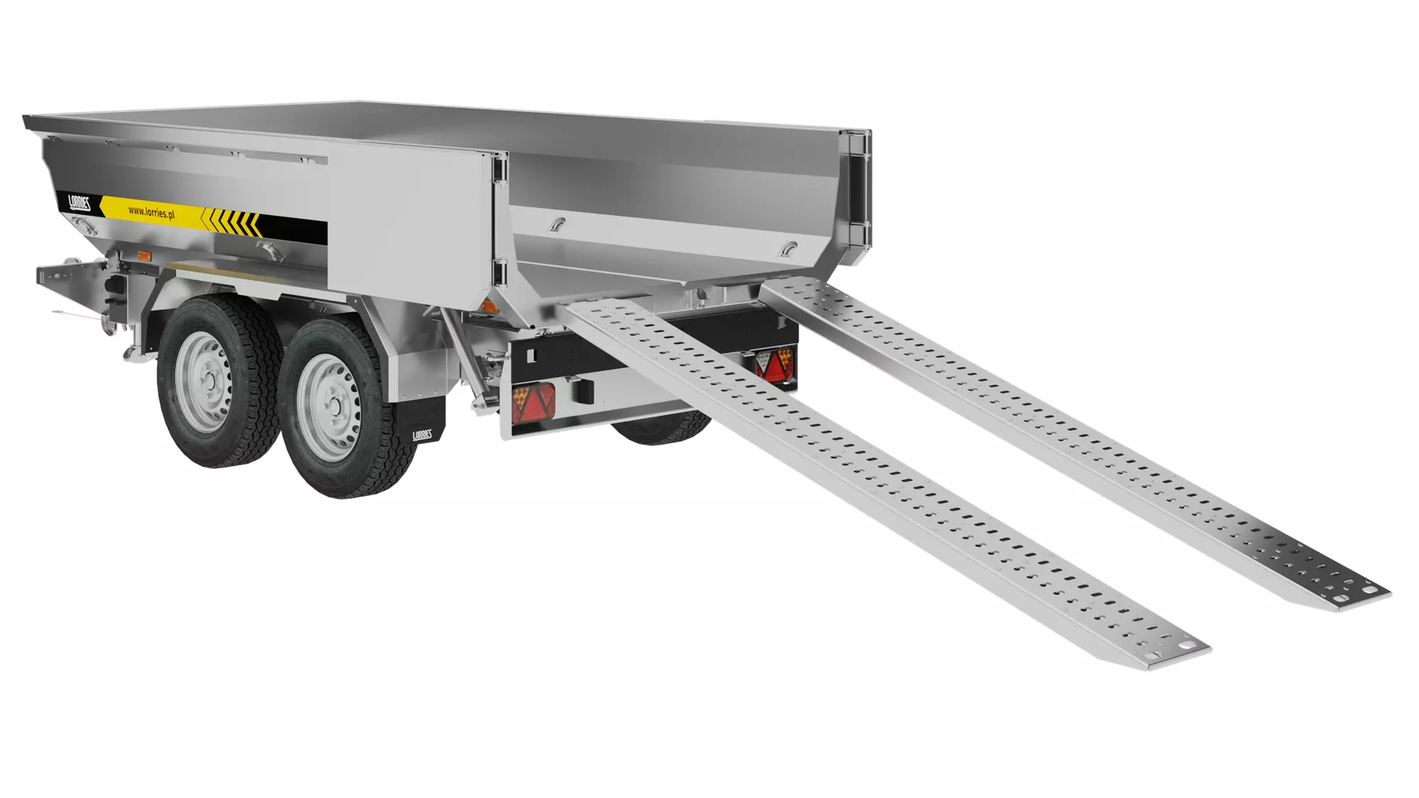 Silver utility trailer with two axles, raised metal sides and two perforated metal loading ramps extending from the rear, designed to transport equipment or materials.