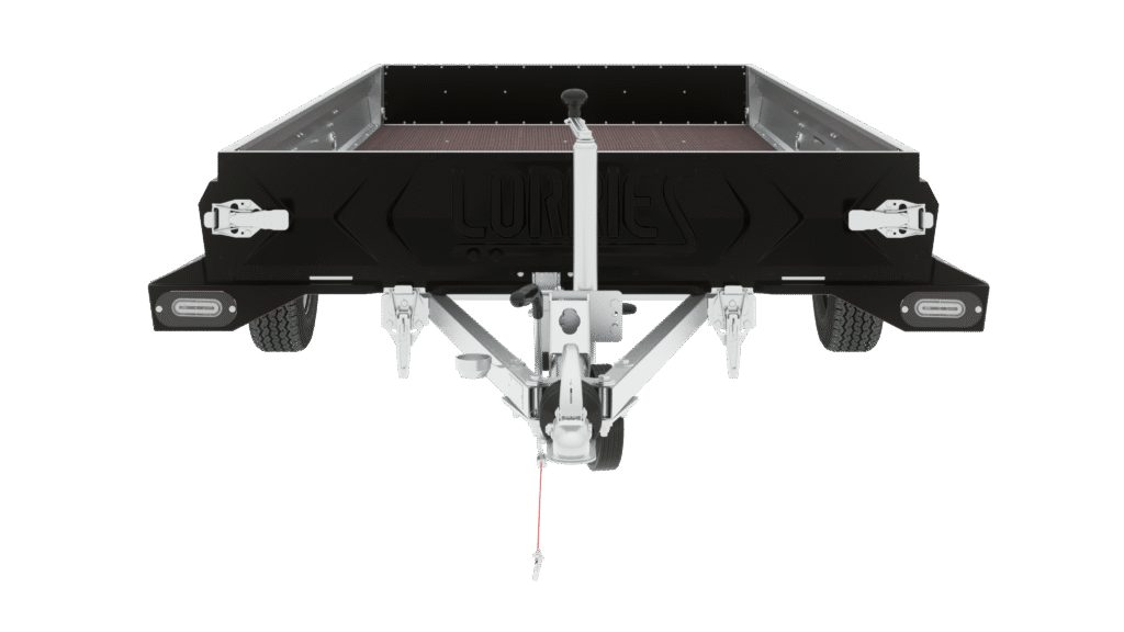 The black utility trailer Boat trailer STX375o is shown from the front with visible hitch, two wheels, side reflectors, and latches. The empty trailer stands on a white background.