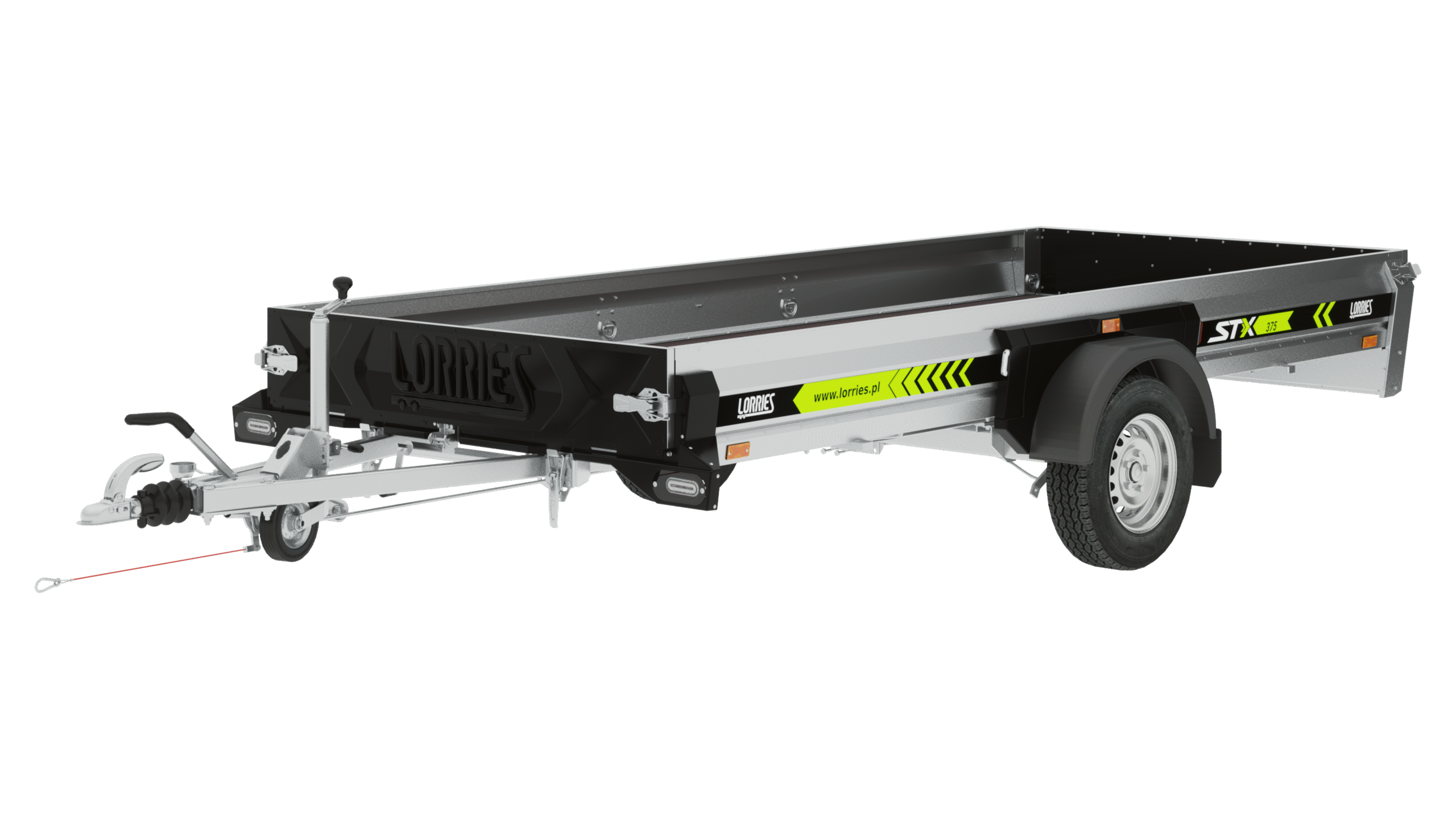 Black and silver single axle utility trailer The STX375o flatbed trailer has visible wheels, a tow hitch, yellow side safety markings, an open cargo box, and the Lorries and STX logo.